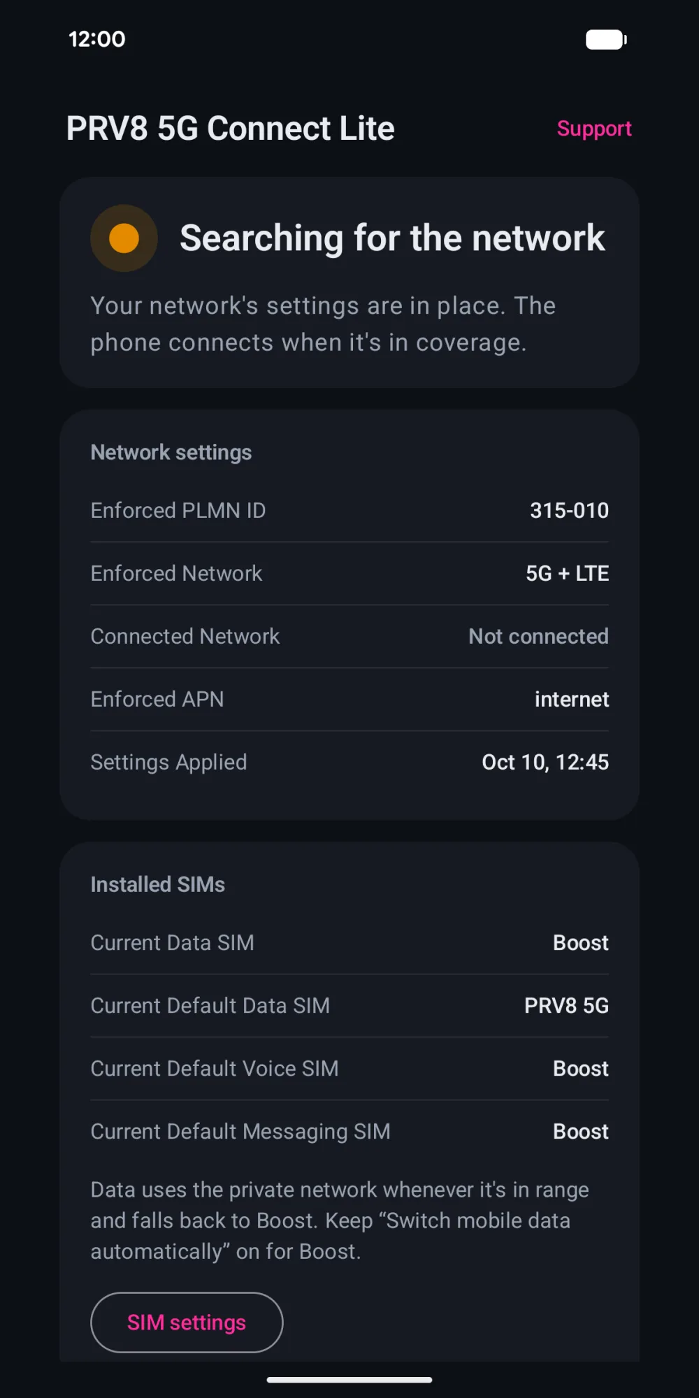 PRV8 5G Connect Lite network settings: enforced PLMN ID 315-010, enforced network 5G + LTE, enforced APN internet, and PRV8 5G as the default data SIM, falling back to Boost while the private network is out of range