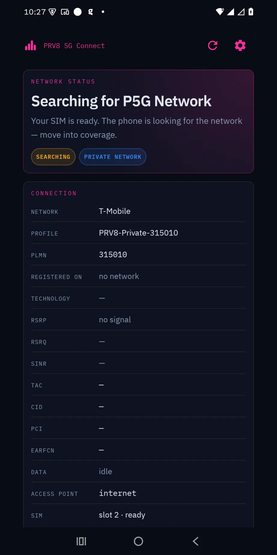 PRV8 5G Connect connected to a private 5G network on band n48, with signal (SS-RSRP, SS-RSRQ, SS-SINR) and cell details
