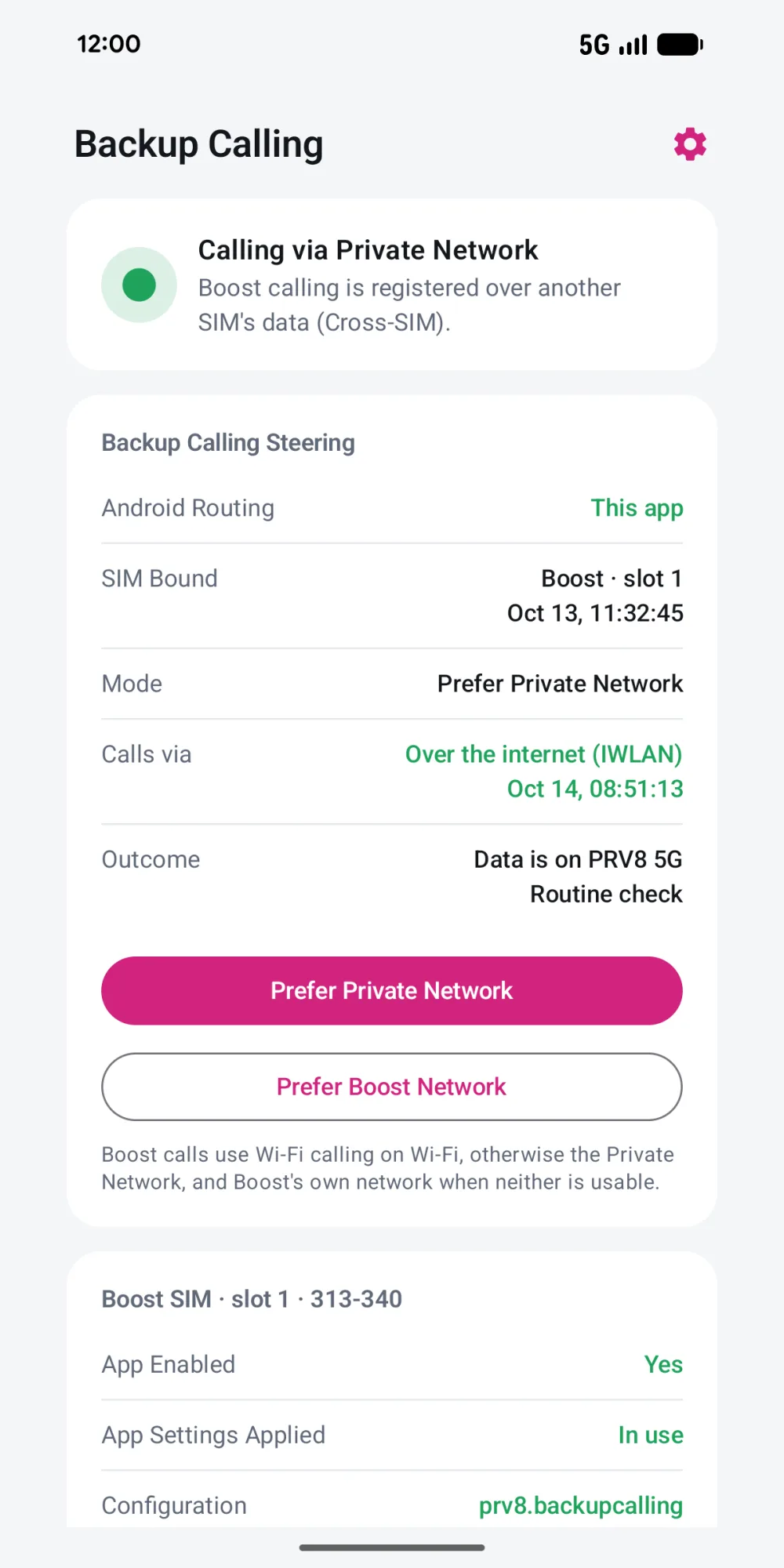 Backup Calling screen: Calling via Private Network, with the steering card showing Prefer Private Network, calls over the internet (IWLAN) and the mode buttons