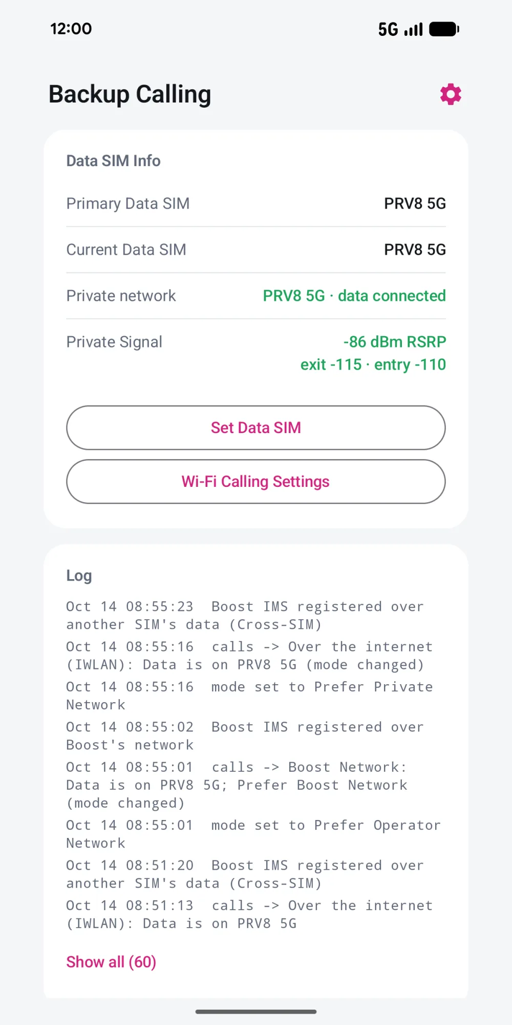 Data SIM Info: PRV8 5G as primary and current data SIM, private network data connected with its signal, Set Data SIM and Wi-Fi Calling Settings buttons, and the routing log