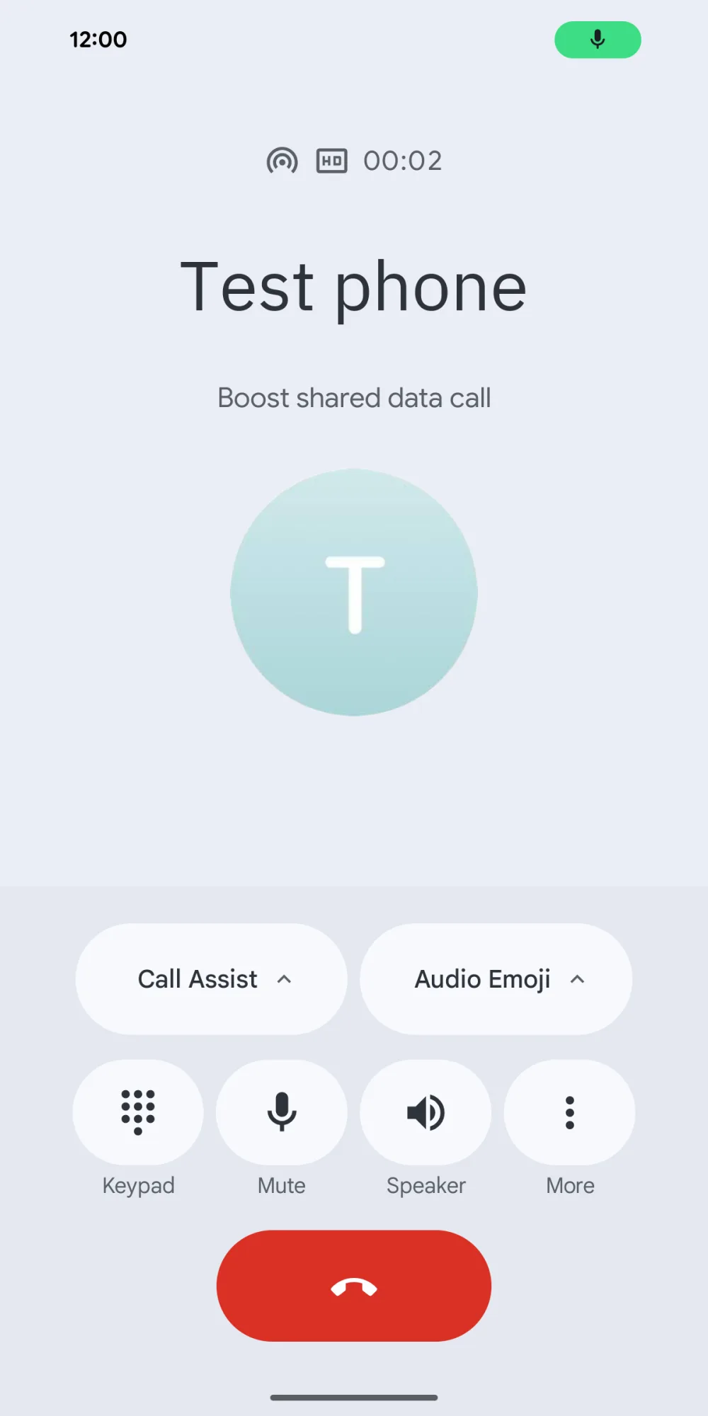 A live MNO call over the Private Network: the phone’s in-call screen reading Boost shared data call