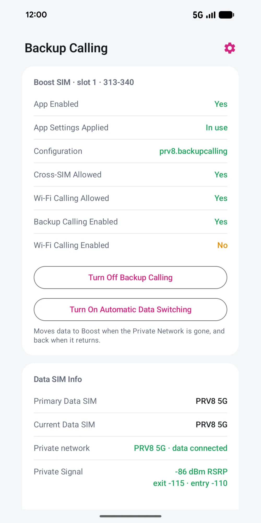 The MNO SIM card: app enabled, settings in use, Cross-SIM and Wi-Fi Calling allowed, Backup Calling enabled, with Turn Off Backup Calling and Turn On Automatic Data Switching buttons